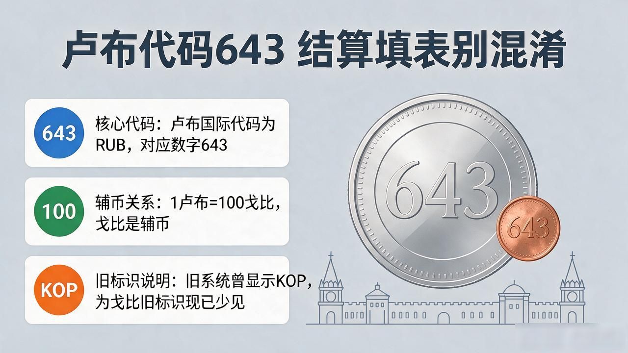 卢布货币数字代码643，对应RUB别搞混，结算填表用得上
