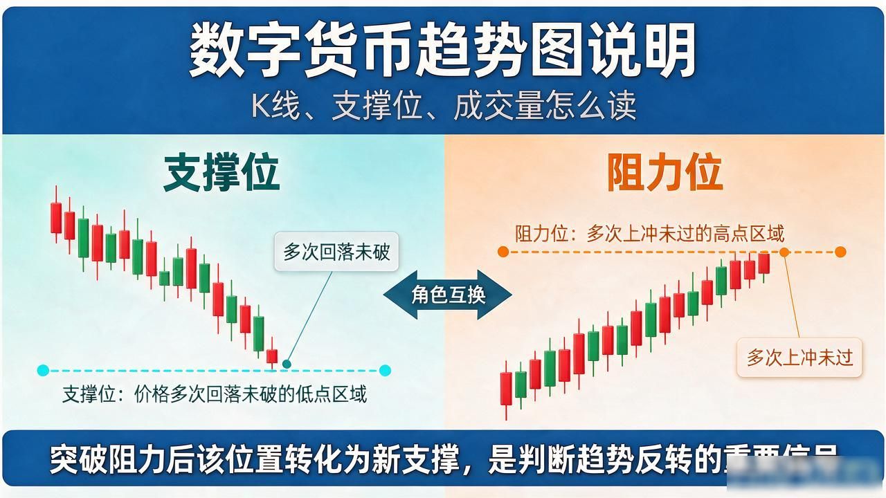 数字货币趋势图说明：K线、支撑位、成交量怎么读